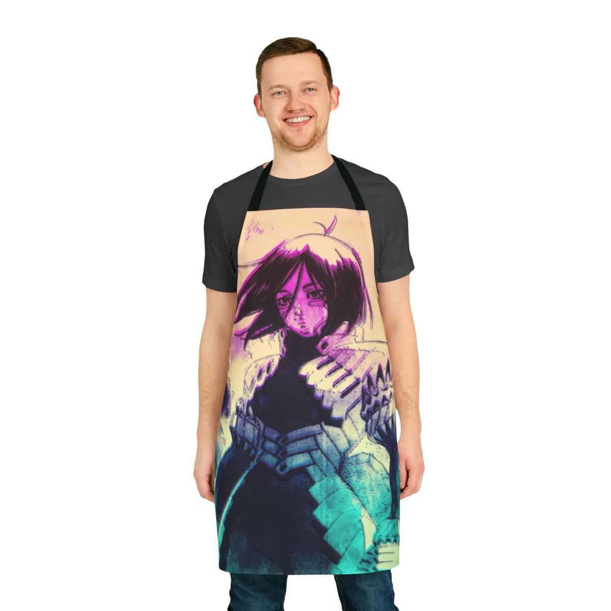 Vaporwave-inspired apron featuring characters from the Battle Angel Alita manga and anime series
