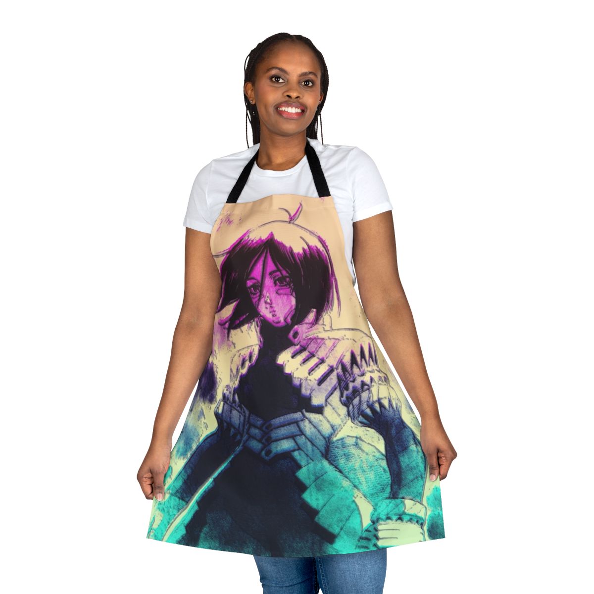 Vaporwave-inspired apron featuring characters from the Battle Angel Alita manga and anime series