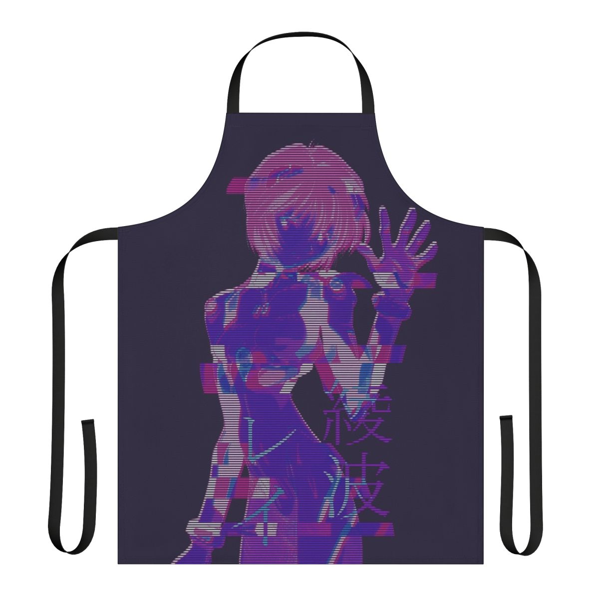 Vaporwave-themed apron featuring text and graphics inspired by the anime series Neon Genesis Evangelion and character Rei Ayanami.