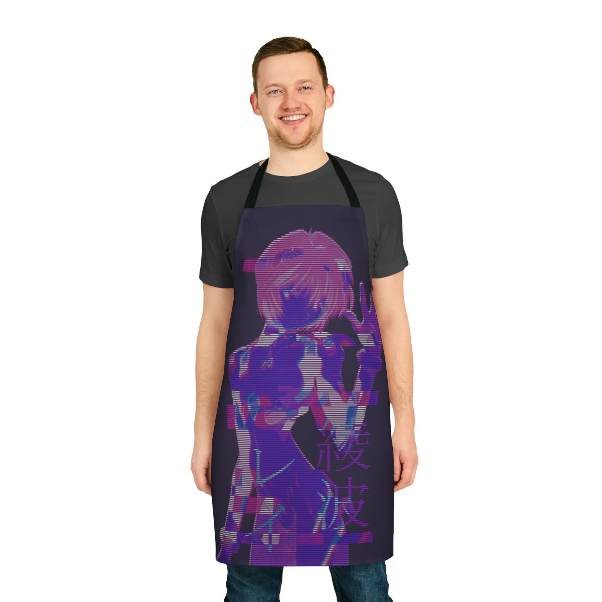 Vaporwave-themed apron featuring text and graphics inspired by the anime series Neon Genesis Evangelion and character Rei Ayanami.