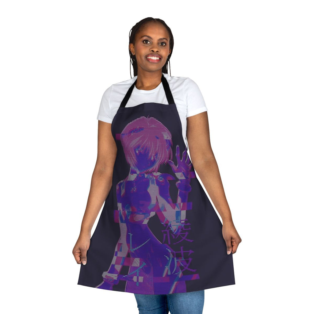 Vaporwave-themed apron featuring text and graphics inspired by the anime series Neon Genesis Evangelion and character Rei Ayanami.