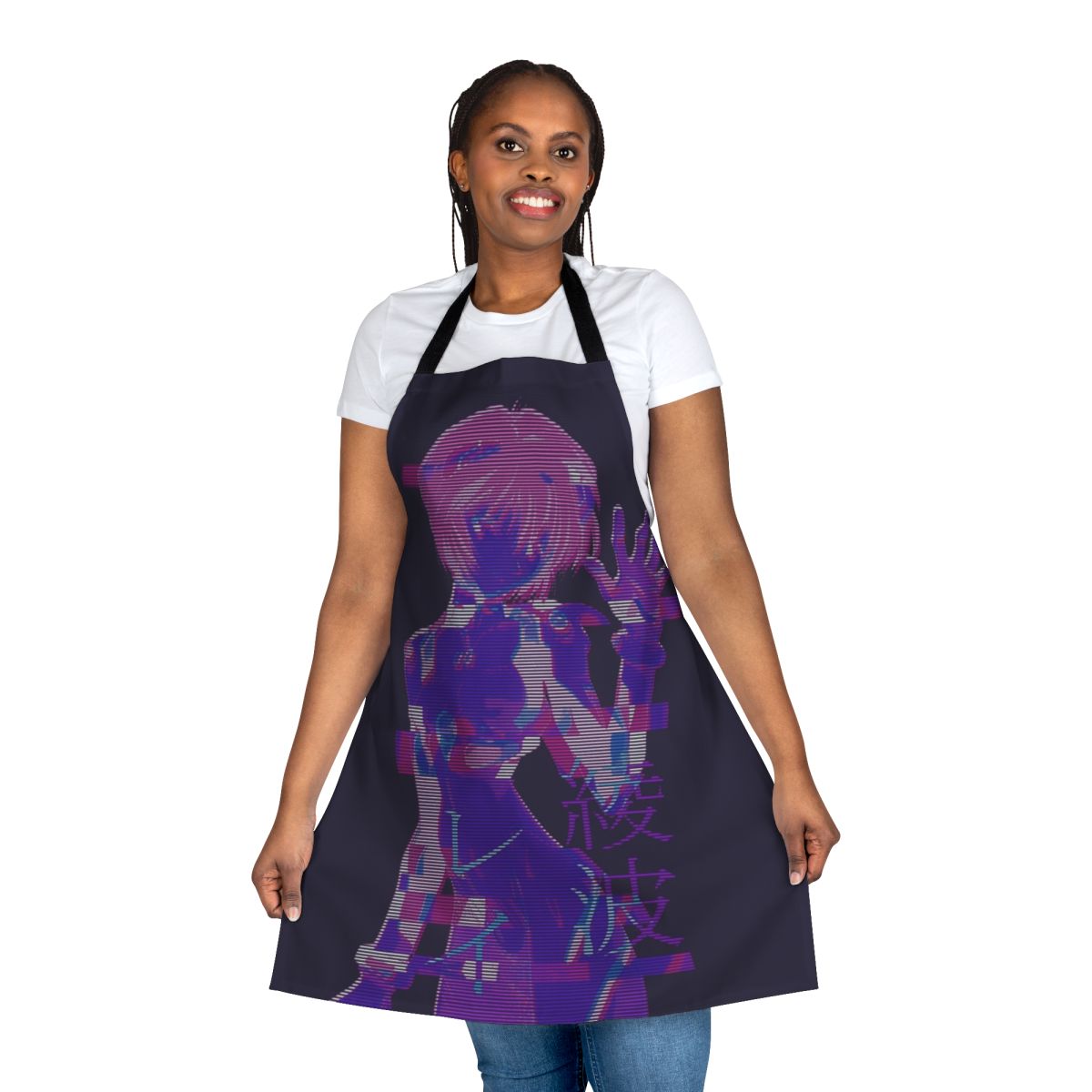 Vaporwave-themed apron featuring text and graphics inspired by the anime series Neon Genesis Evangelion and character Rei Ayanami.