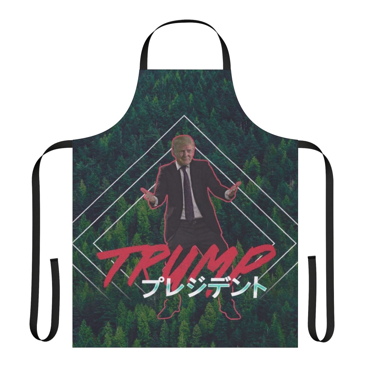 Vaporwave-inspired apron featuring a stylized portrait of Donald Trump