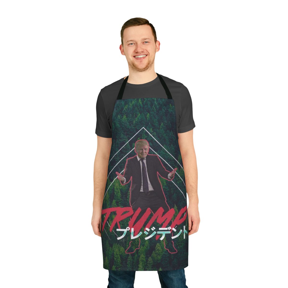 Vaporwave-inspired apron featuring a stylized portrait of Donald Trump