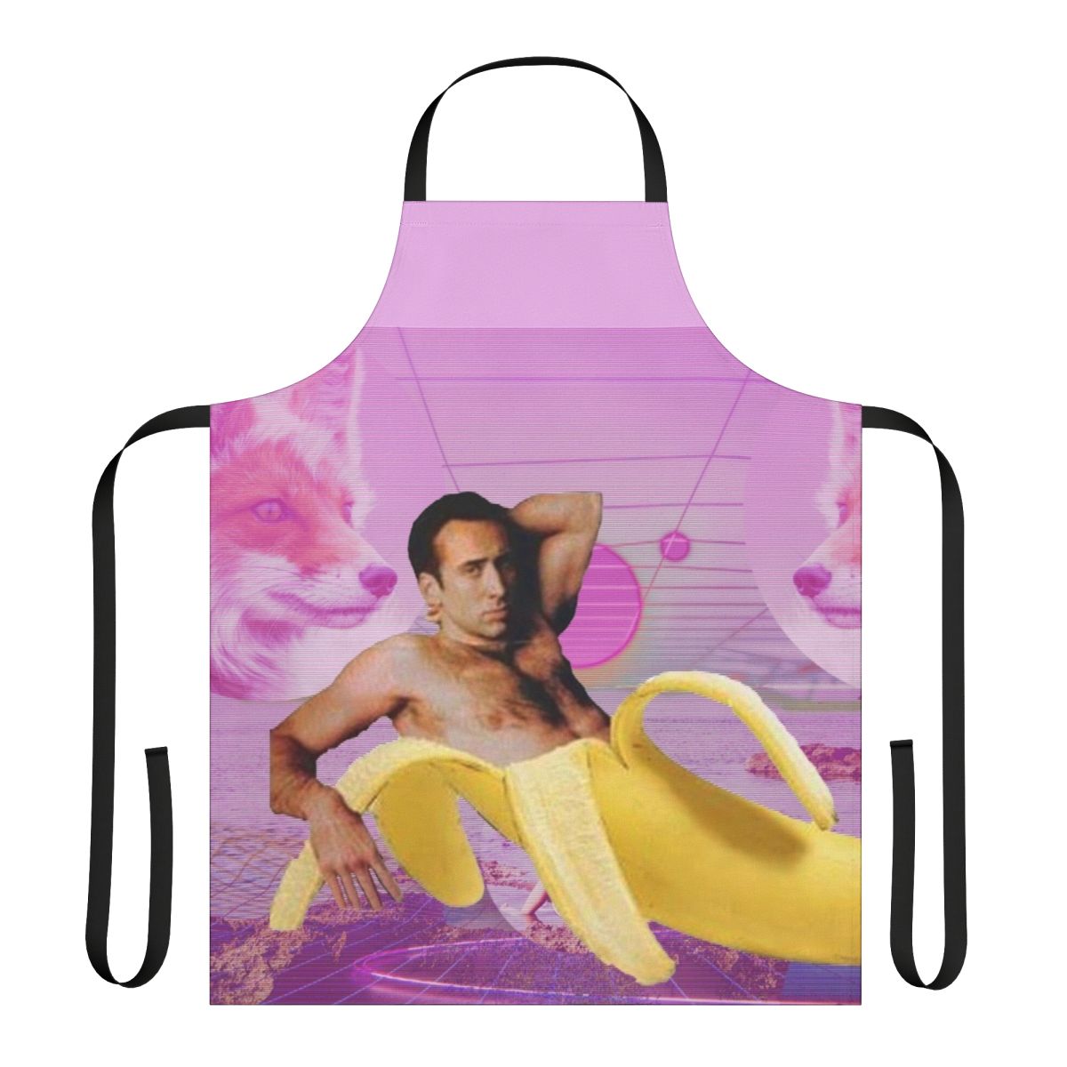 A vibrant and whimsical apron featuring a playful design of Nicholas Cage's face and bananas against a vaporwave-inspired background.