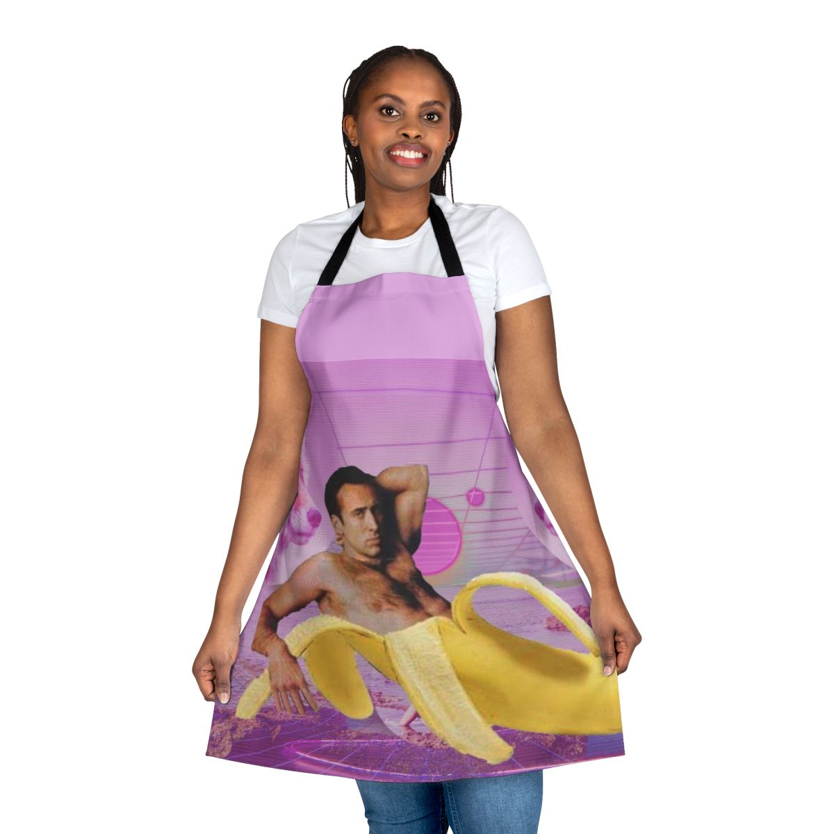 A vibrant and whimsical apron featuring a playful design of Nicholas Cage's face and bananas against a vaporwave-inspired background.