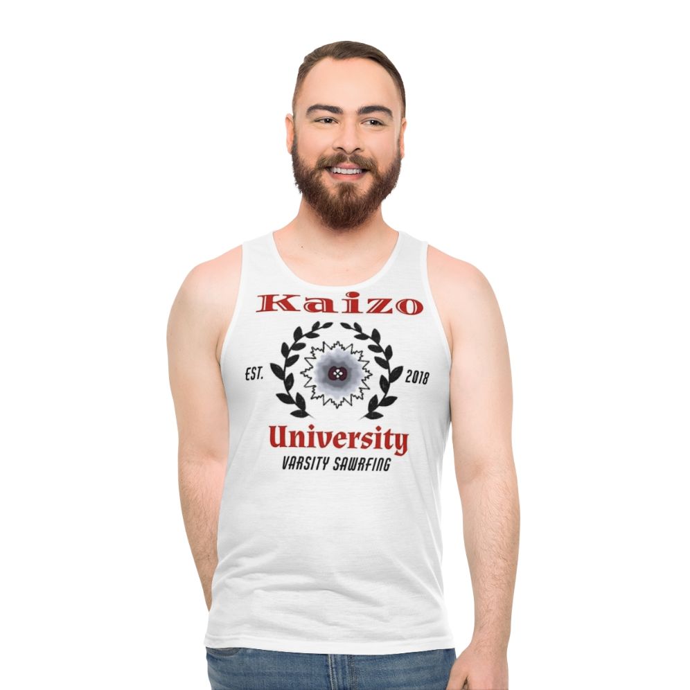 Varsity-style unisex tank top with sawrfing and saw blade design