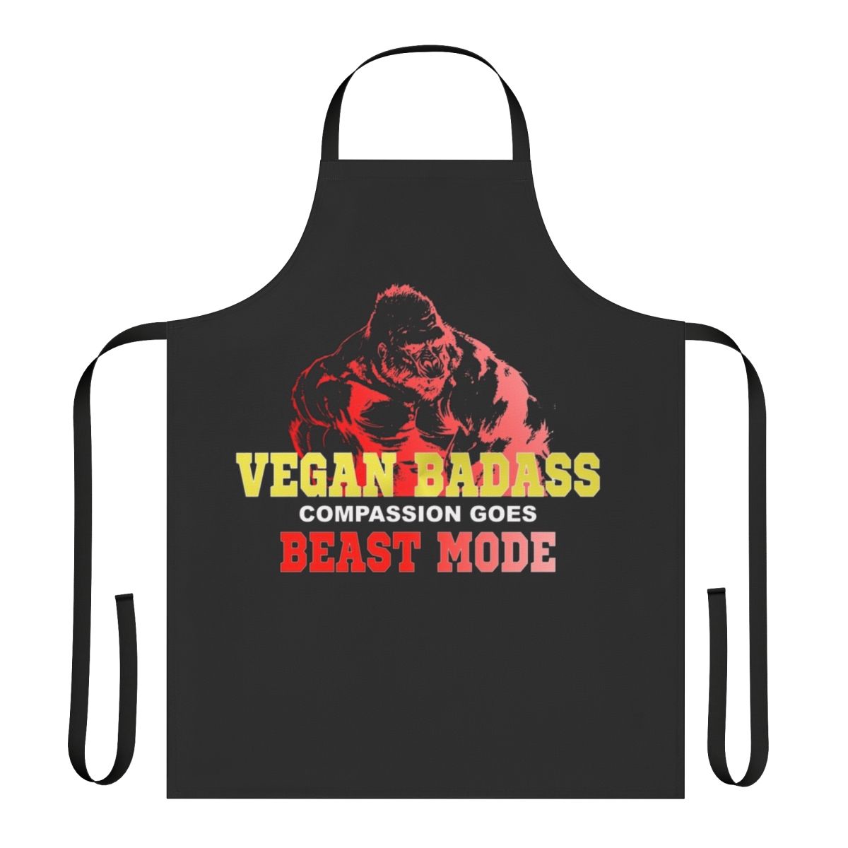 Vegan bodybuilder wearing a black apron with the text "Vegan Gorilla Badass Bodybuilder" printed on it.