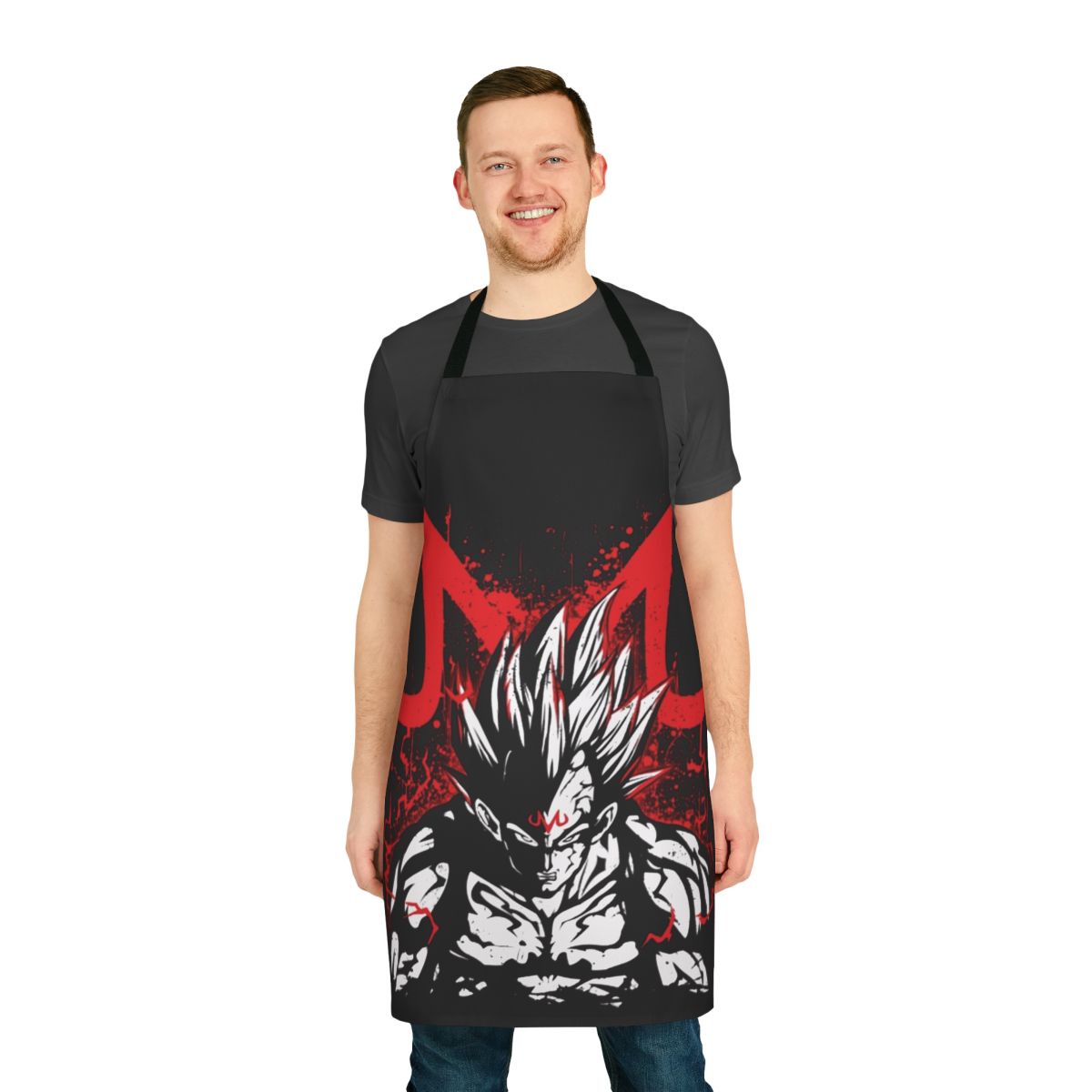 A high-quality apron featuring the Majin Vegeta character from the Dragon Ball anime series.