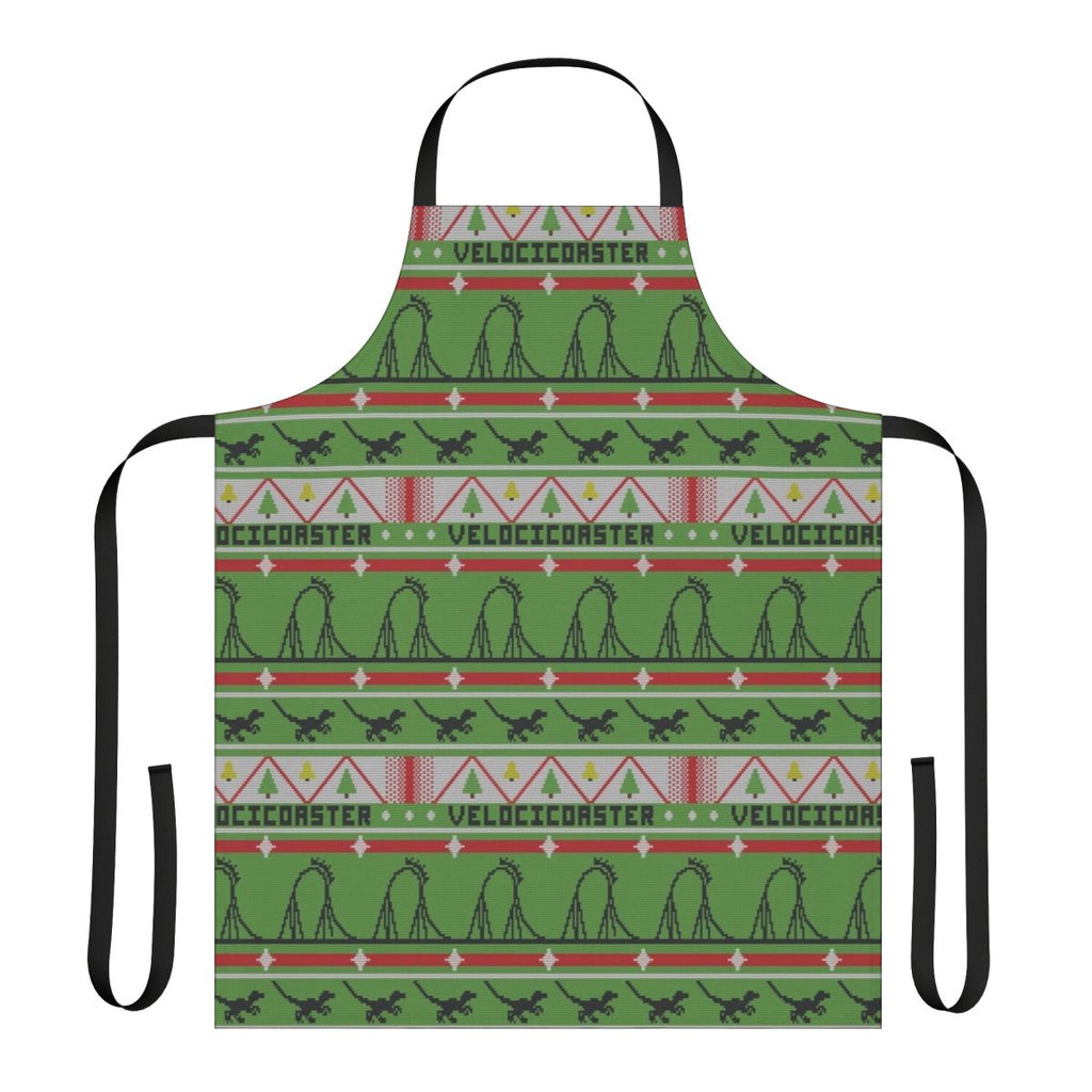 A festive apron featuring a dinosaur theme park-inspired ugly Christmas sweater design