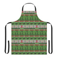 A festive apron featuring a dinosaur theme park-inspired ugly Christmas sweater design