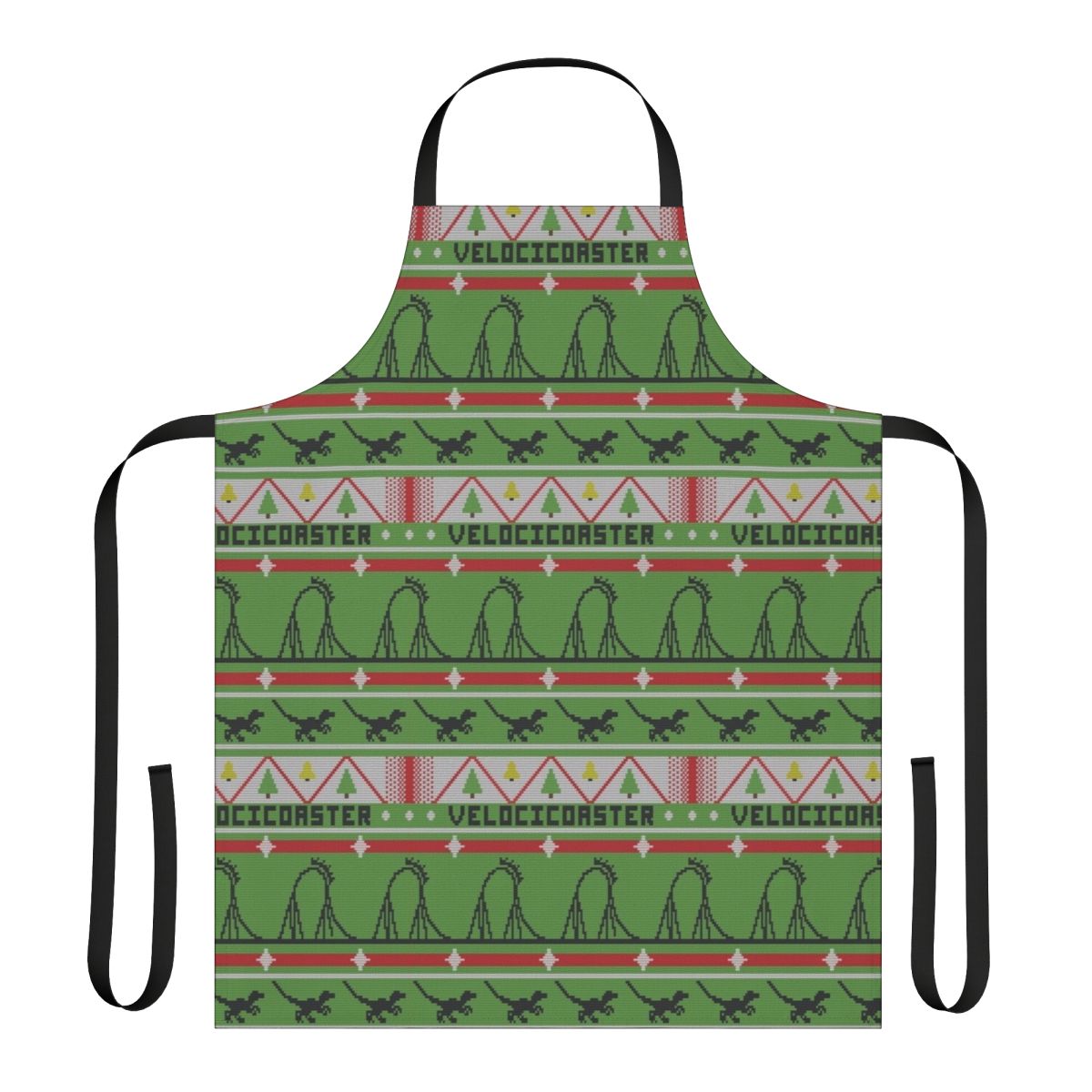 A festive apron featuring a dinosaur theme park-inspired ugly Christmas sweater design