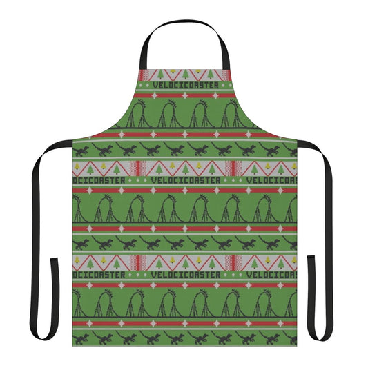 A festive apron featuring a dinosaur theme park-inspired ugly Christmas sweater design