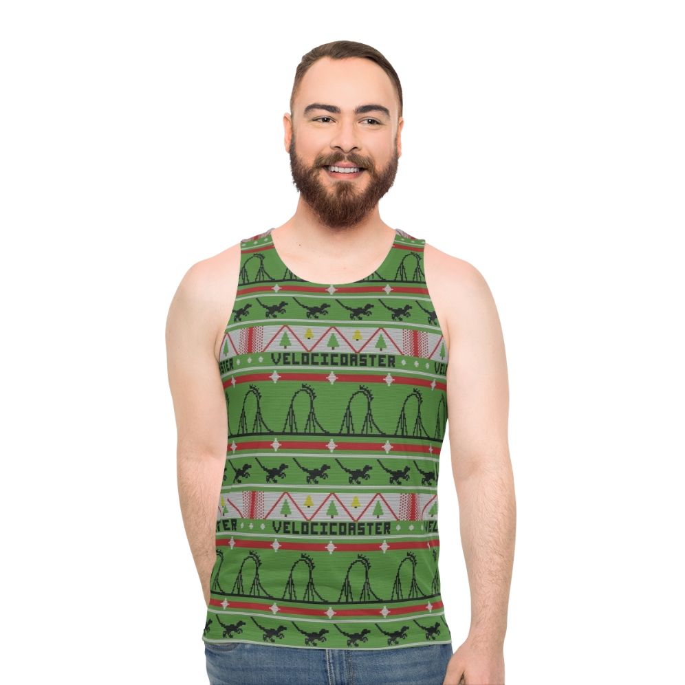Velocicoaster Unisex Tank Top with Ugly Christmas Sweater Dinosaur Design