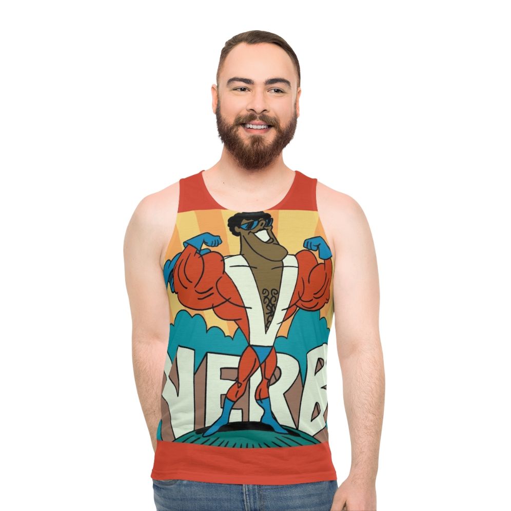 Unisex tank top with 1970s cartoon superhero verb design