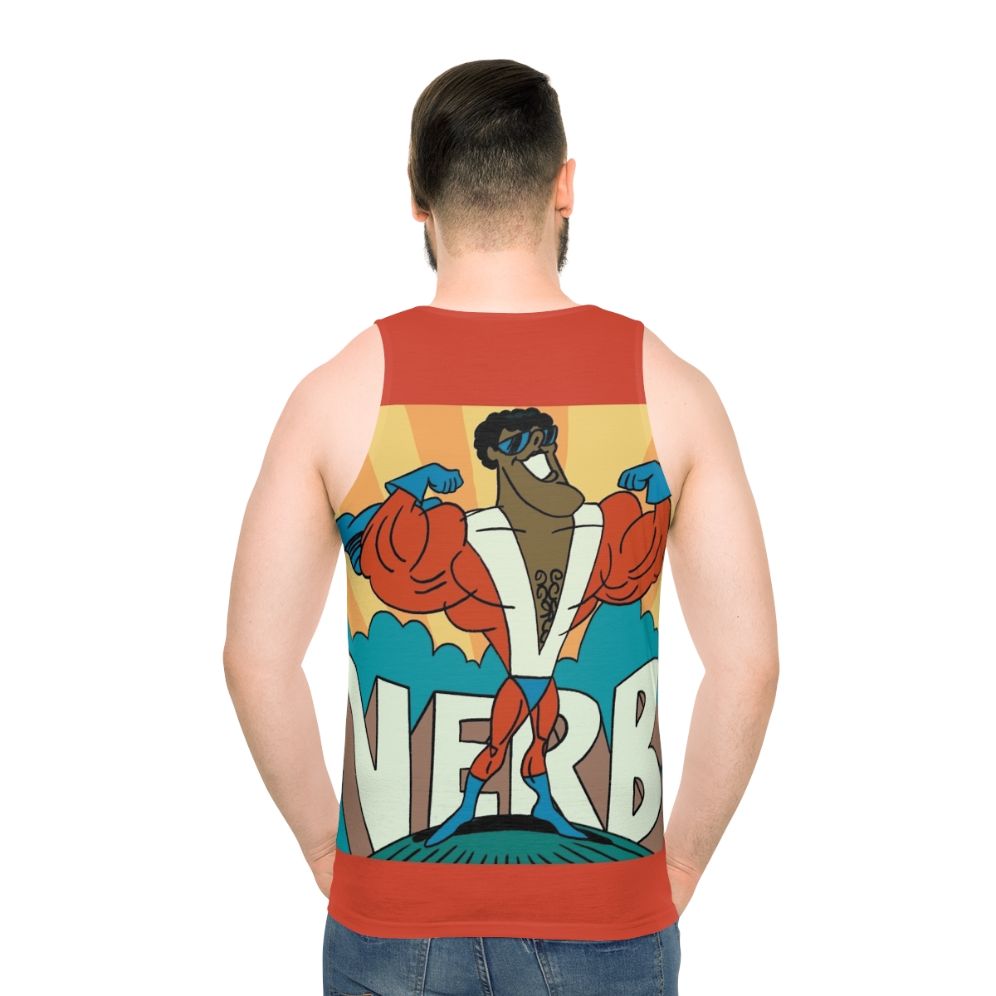 Unisex tank top with 1970s cartoon superhero verb design