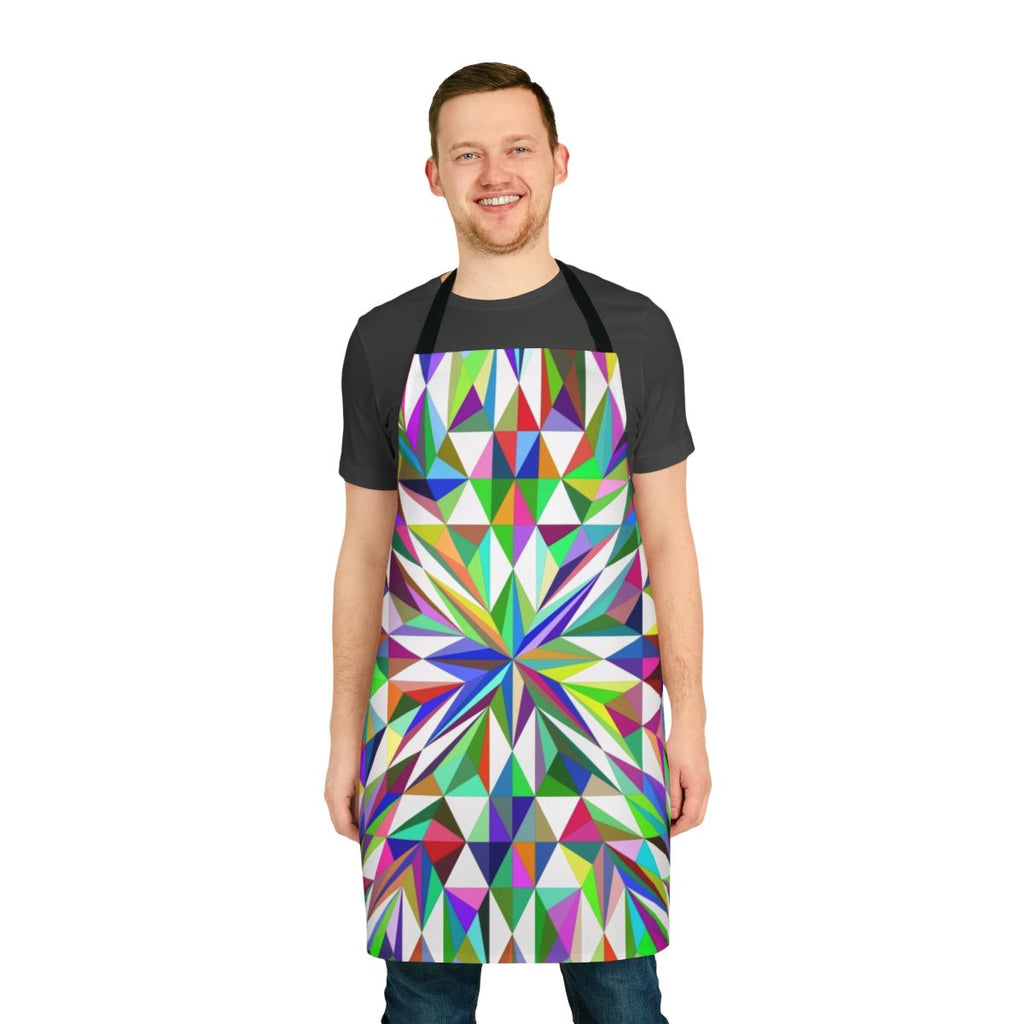 A vibrant, abstract-patterned apron with a stylish and contemporary design.