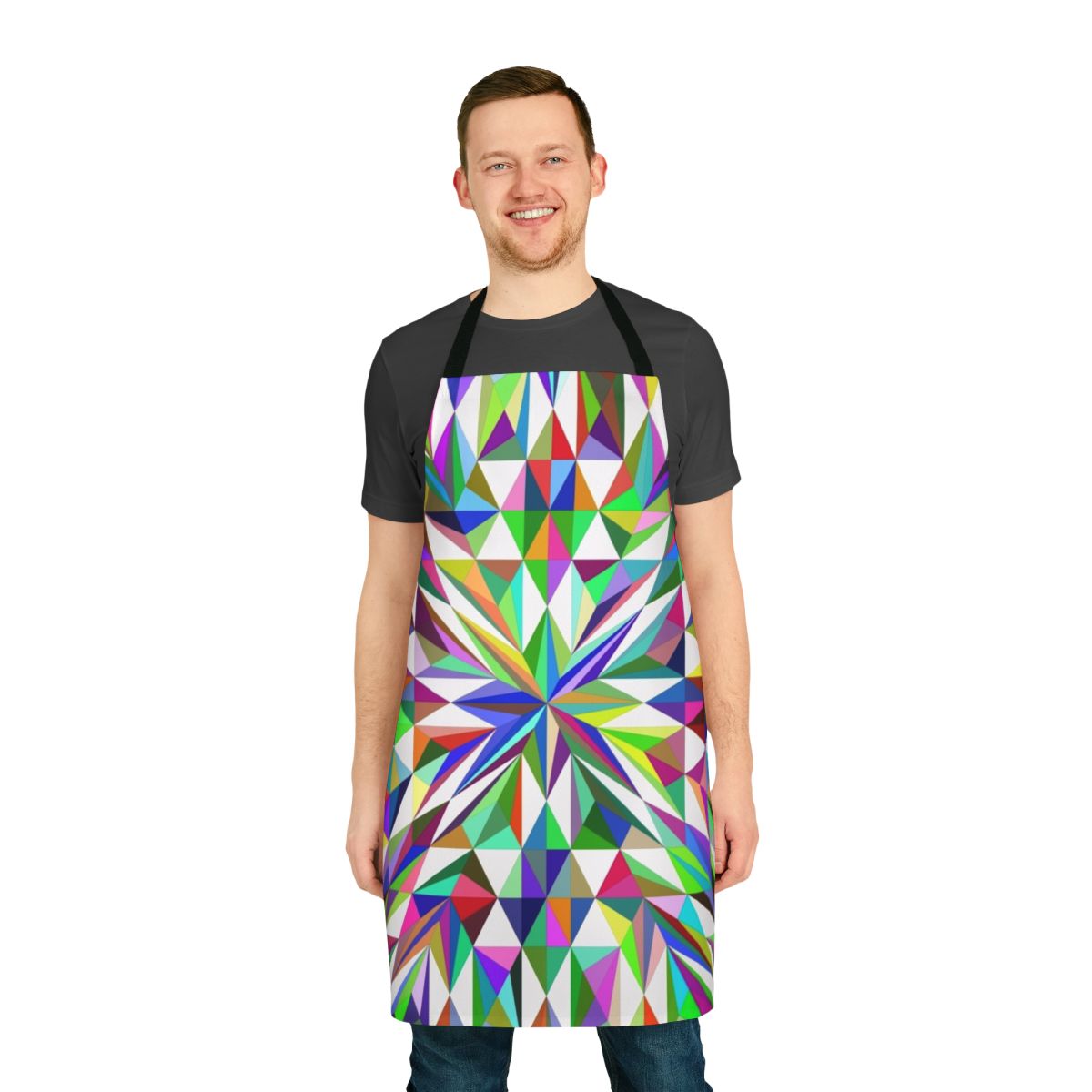 A vibrant, abstract-patterned apron with a stylish and contemporary design.