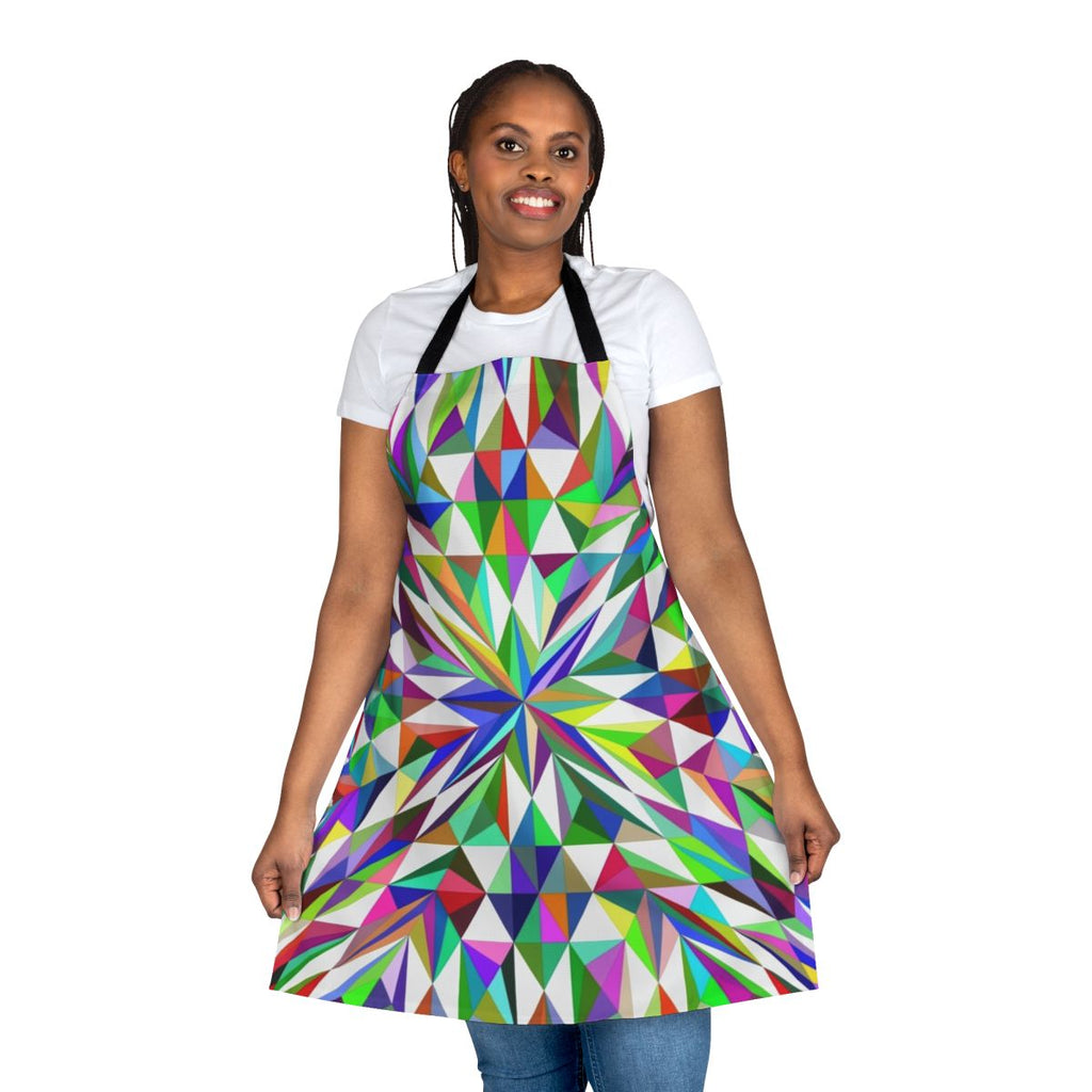 A vibrant, abstract-patterned apron with a stylish and contemporary design.