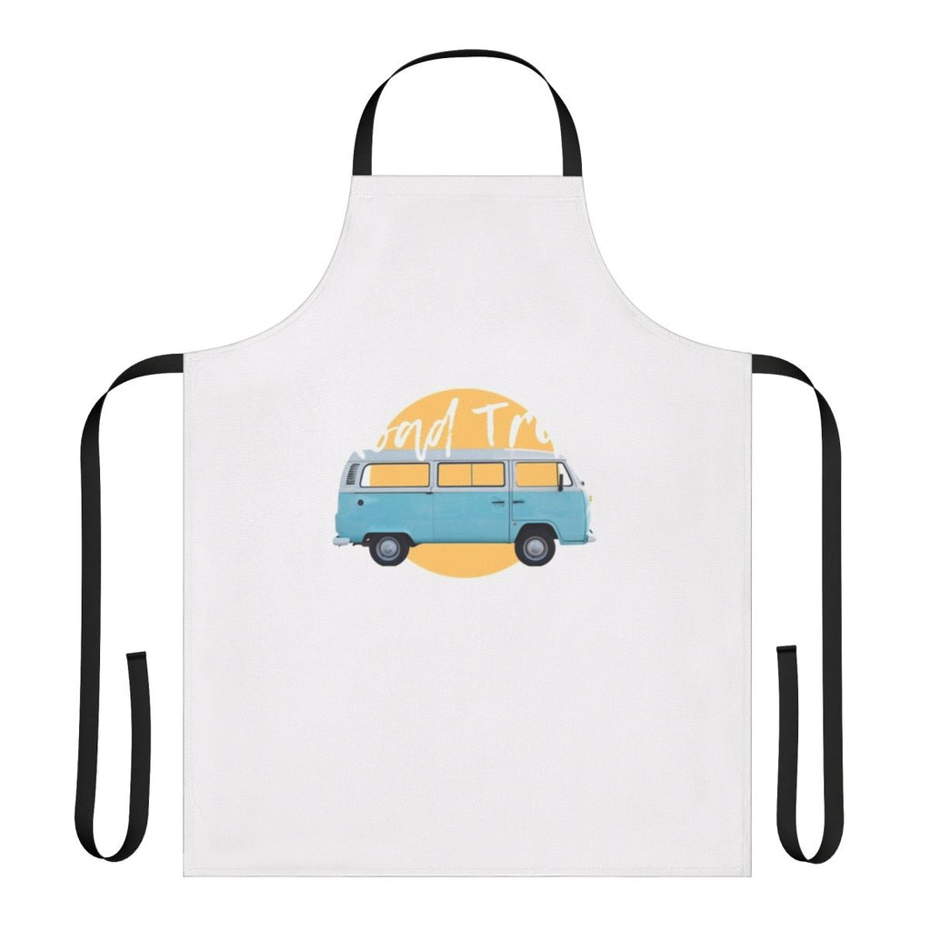 Blue and yellow apron with travel, lifestyle, and hobbies design