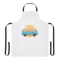 Blue and yellow apron with travel, lifestyle, and hobbies design