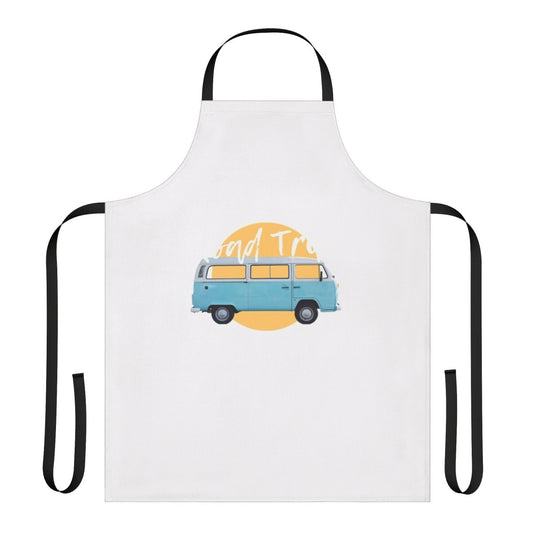 Blue and yellow apron with travel, lifestyle, and hobbies design