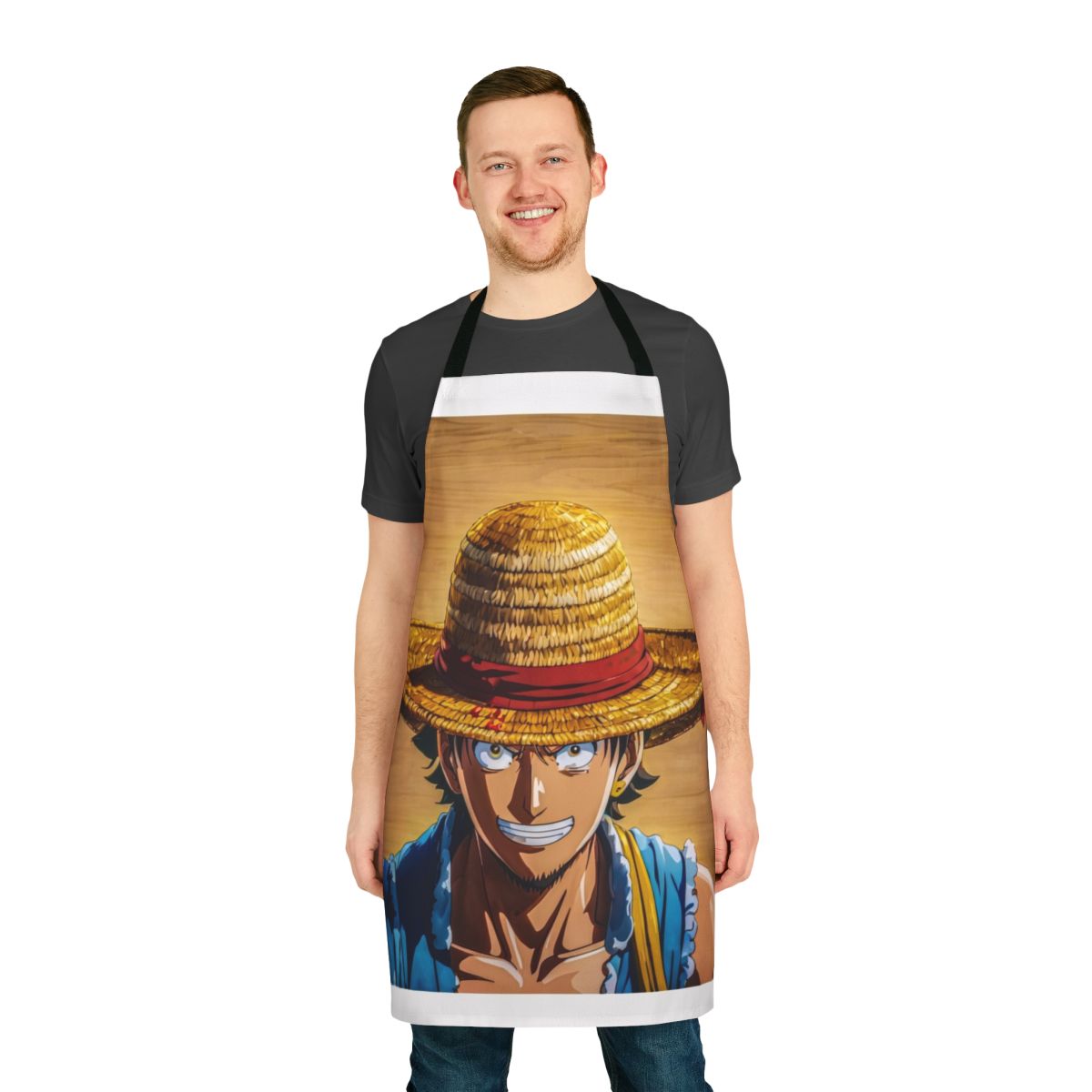 Colorful apron featuring a variety of symbols and icons representing different hobbies and interests, including music, movies, sports, and more.