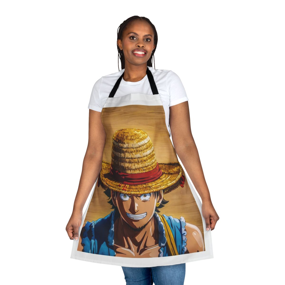 Colorful apron featuring a variety of symbols and icons representing different hobbies and interests, including music, movies, sports, and more.