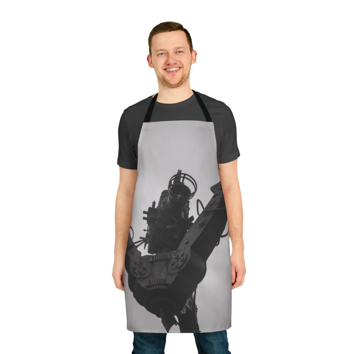 Model wearing a black apron with pockets for holding a movie camera and film equipment