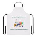 Multicolored apron with icons representing various hobbies and activities
