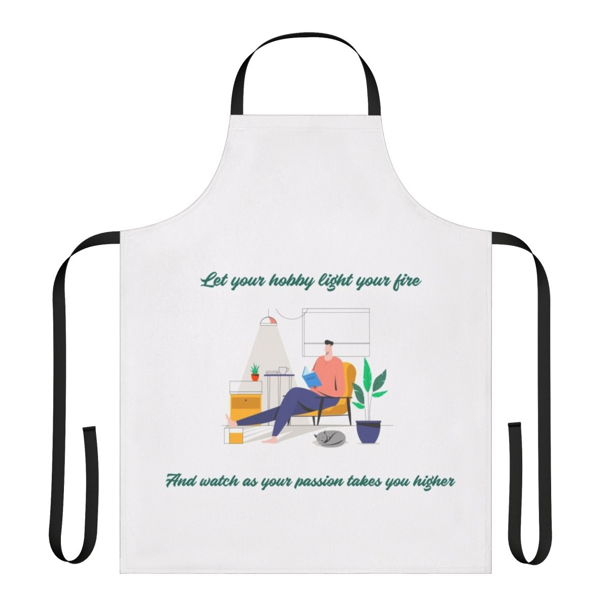 Multicolored apron with icons representing various hobbies and activities