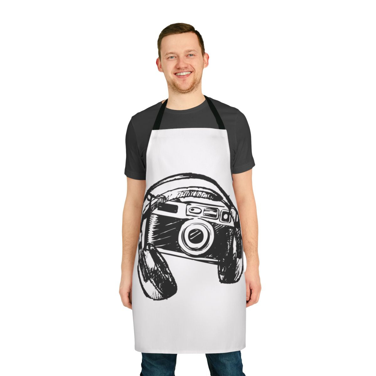 Apron with photography, music, and hobby-related graphics