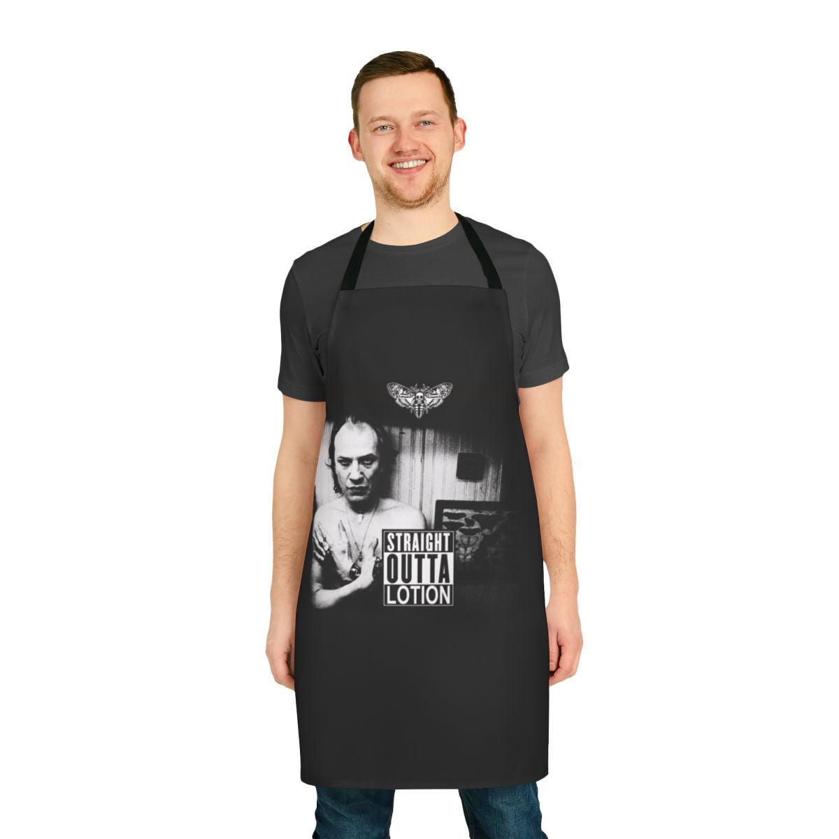Straight Outta Lotion design on a high-quality kitchen apron