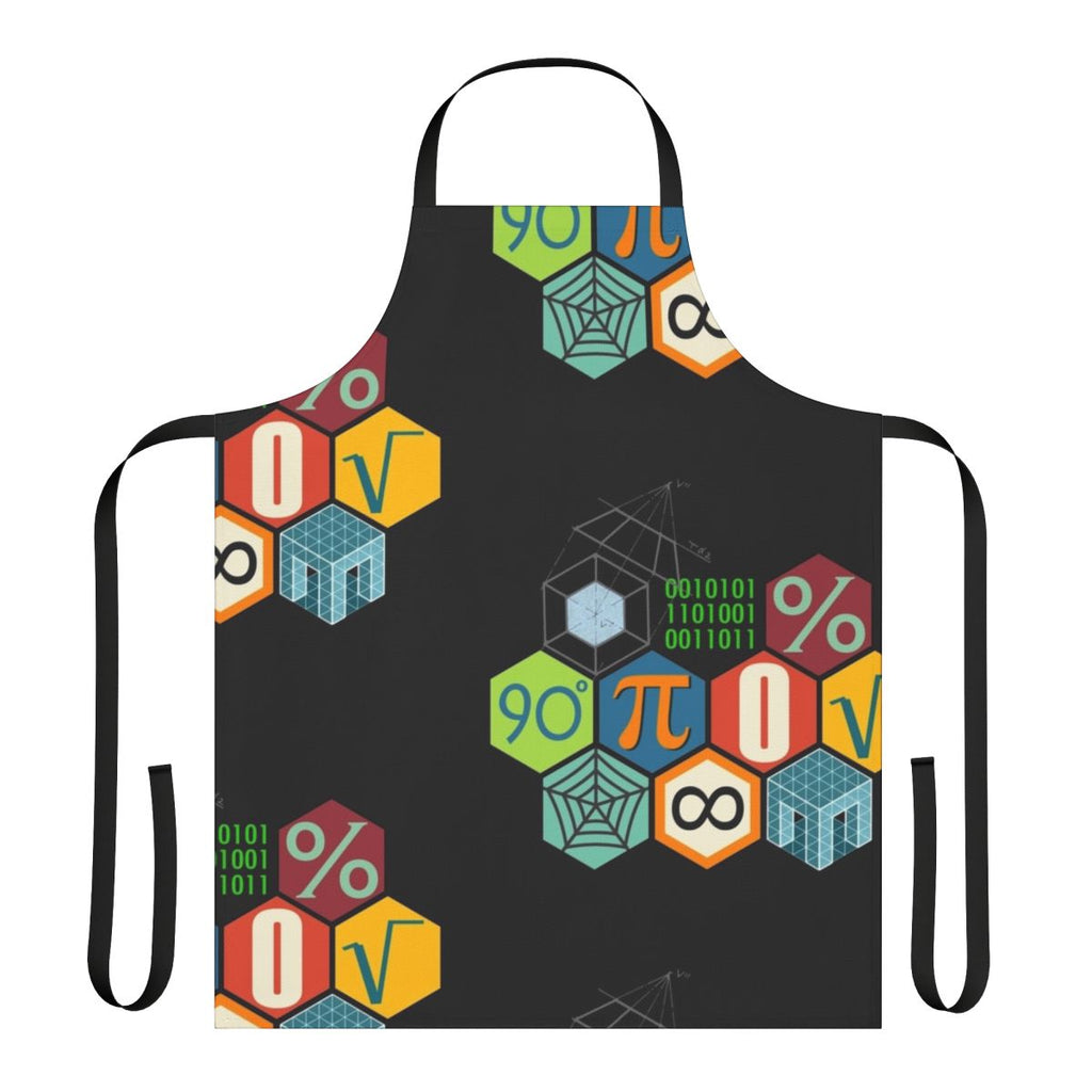 A stylish and functional apron featuring various mathematical symbols, numbers, and geometric shapes.
