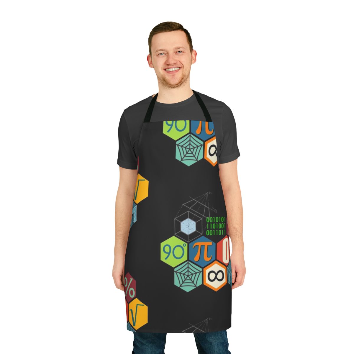 A stylish and functional apron featuring various mathematical symbols, numbers, and geometric shapes.