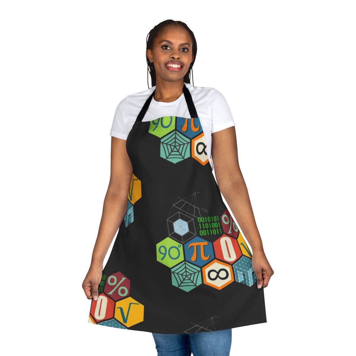 A stylish and functional apron featuring various mathematical symbols, numbers, and geometric shapes.