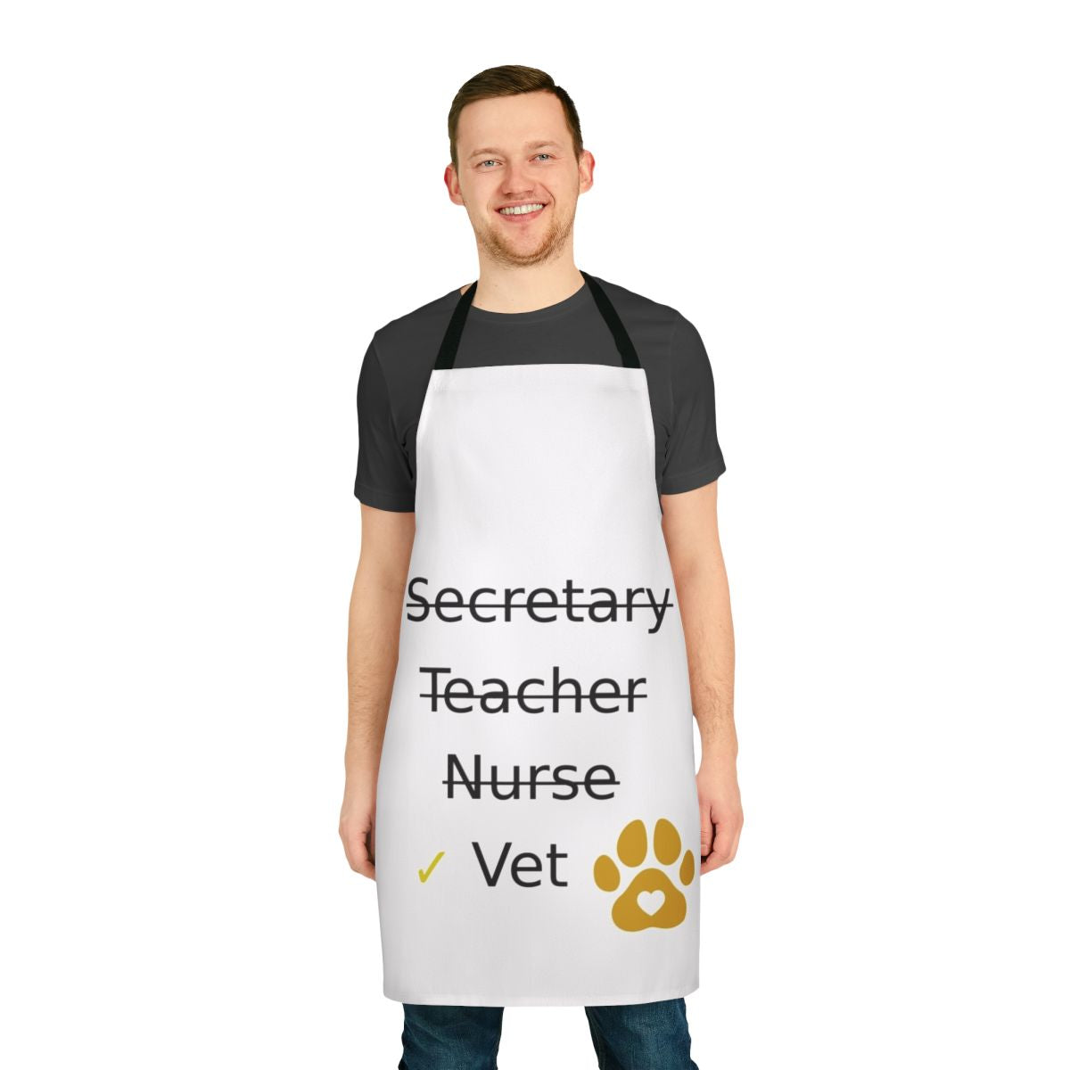 Veterinary-themed apron with various profession and occupation icons