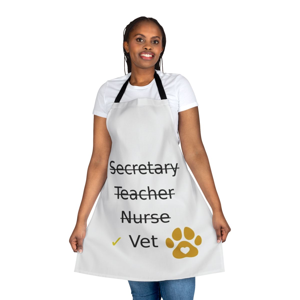 Veterinary-themed apron with various profession and occupation icons