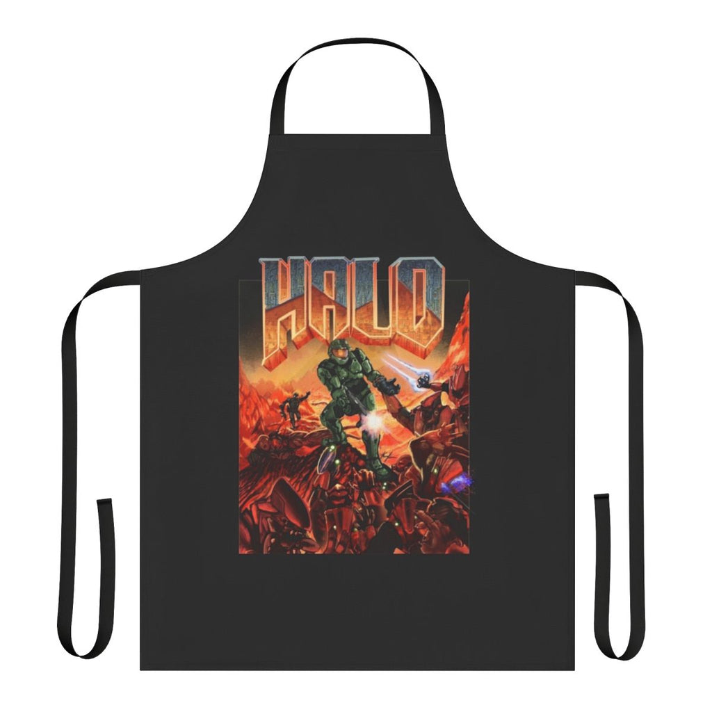 A vibrant apron featuring a Halo game-inspired design, perfect for protecting your clothing while cooking or gaming.