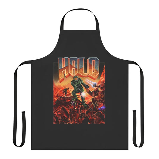 A vibrant apron featuring a Halo game-inspired design, perfect for protecting your clothing while cooking or gaming.