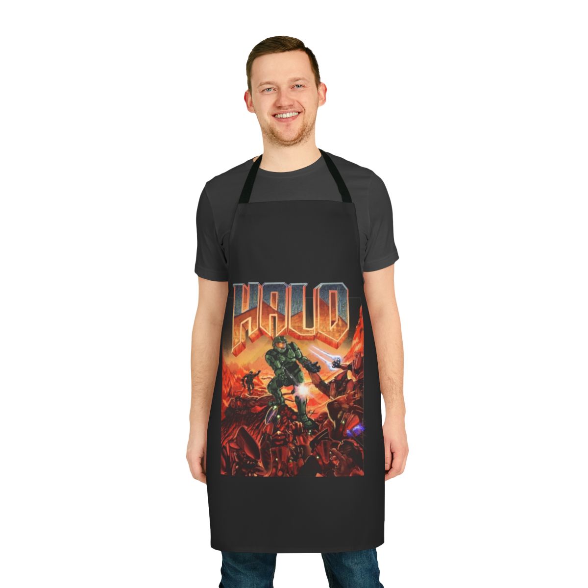 A vibrant apron featuring a Halo game-inspired design, perfect for protecting your clothing while cooking or gaming.