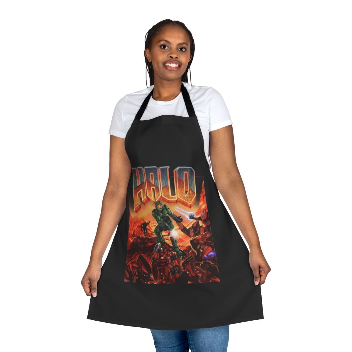 A vibrant apron featuring a Halo game-inspired design, perfect for protecting your clothing while cooking or gaming.