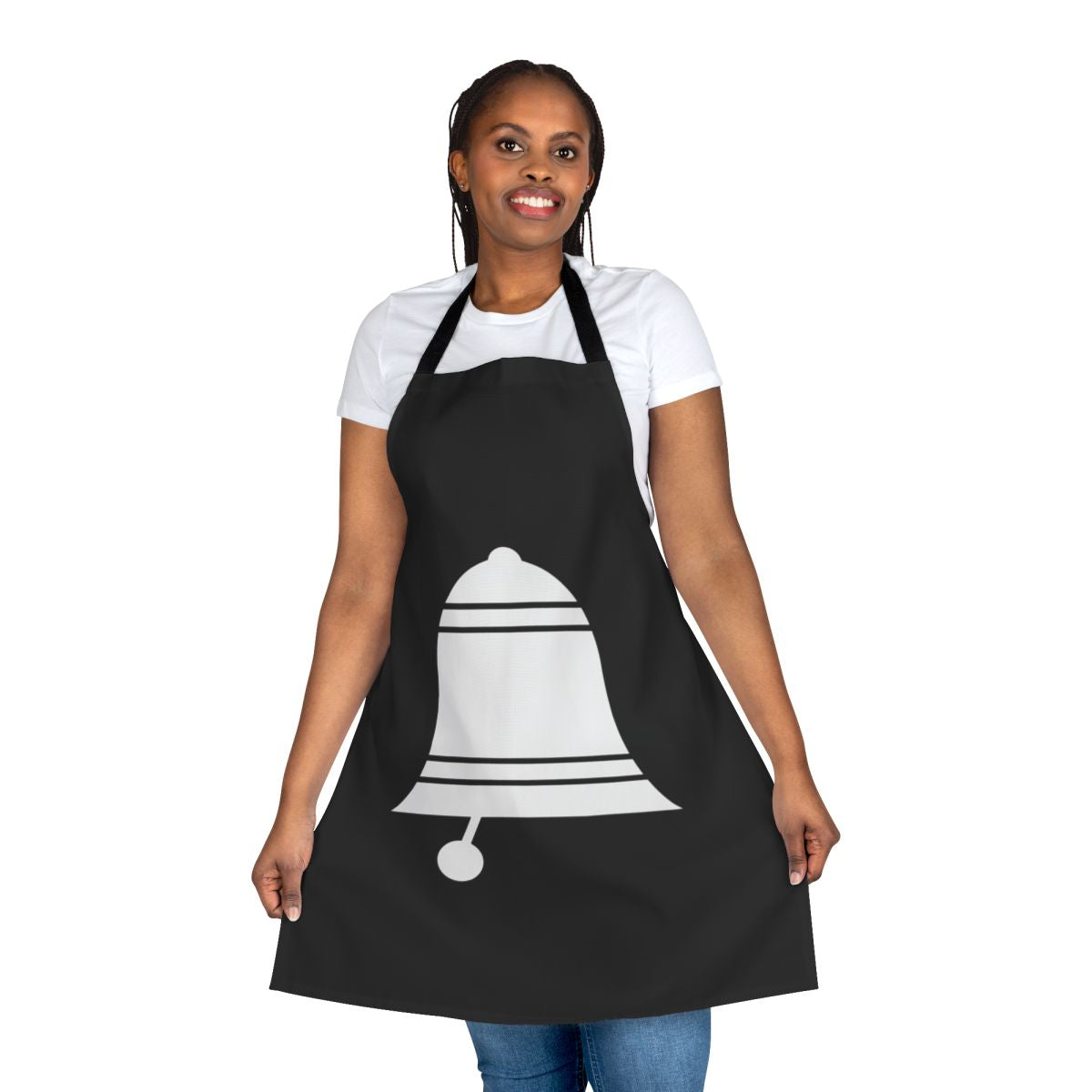 Stylish white apron with a bell-shaped design, perfect for the kitchen