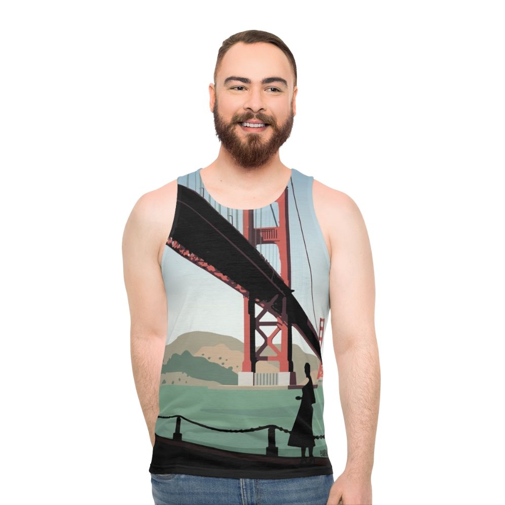 Unisex Vertigo Inspired Tank Top featuring Hitchcock's classic film imagery