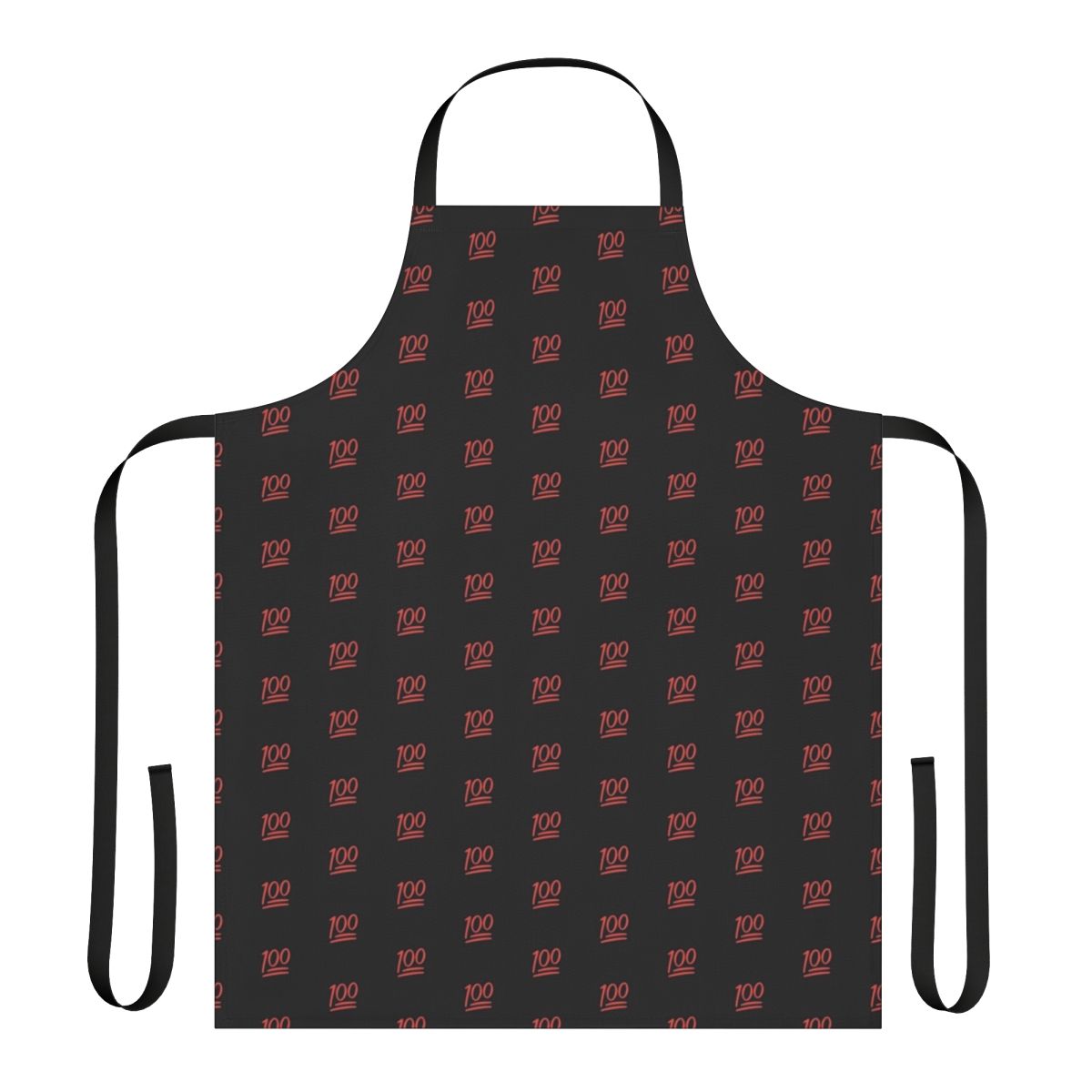 A red apron with a lively 100 emoji pattern, ideal for use in the kitchen or at home.