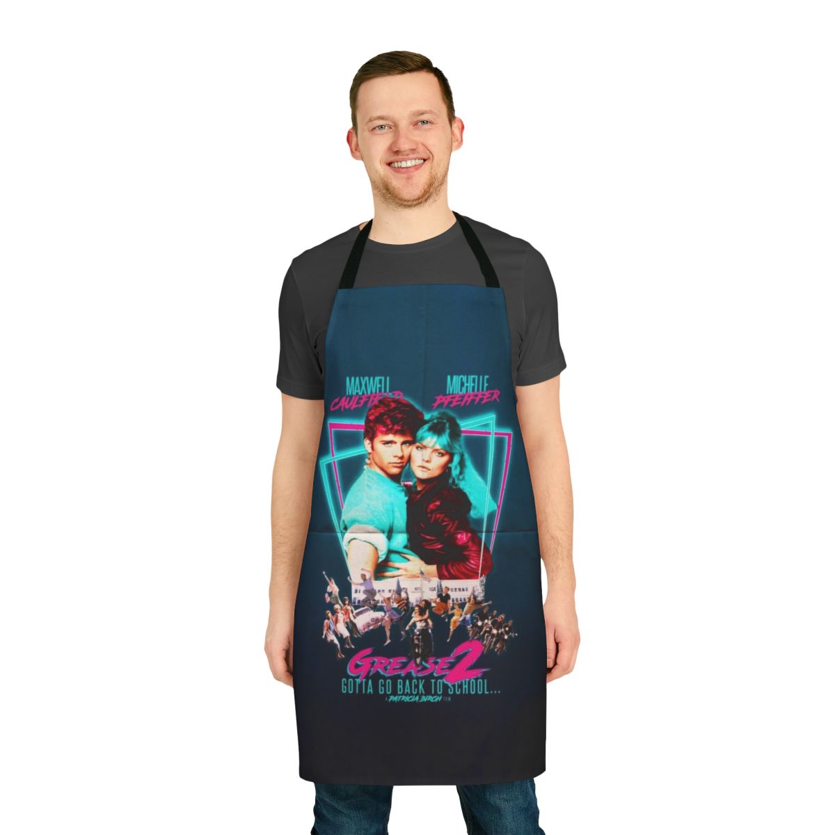 Neon-colored 80s-themed apron with pop art design, inspired by the cult classic film Grease 2