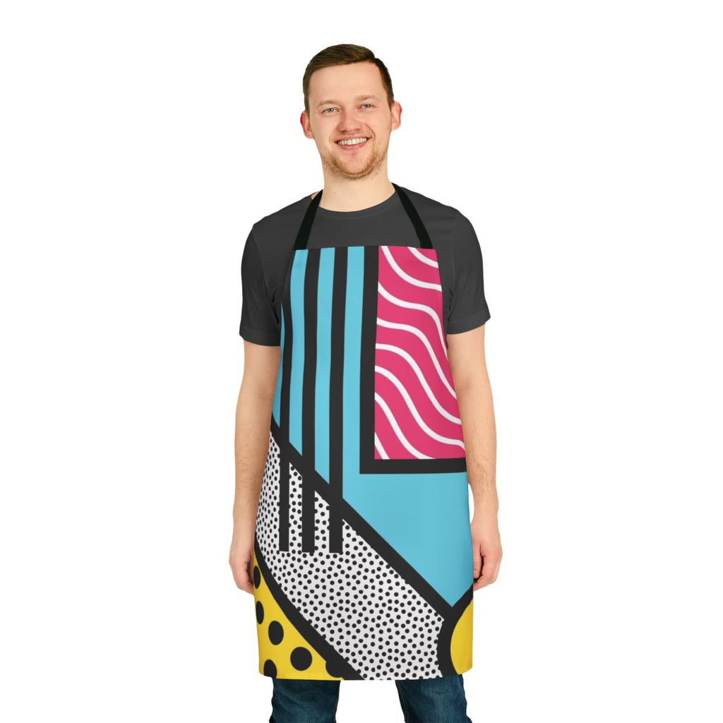 Apron featuring abstract, colorful Memphis-style pop art graphics in a retro 80s style.