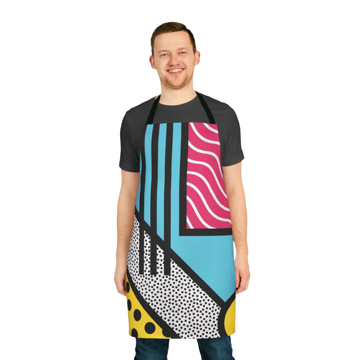 Apron featuring abstract, colorful Memphis-style pop art graphics in a retro 80s style.