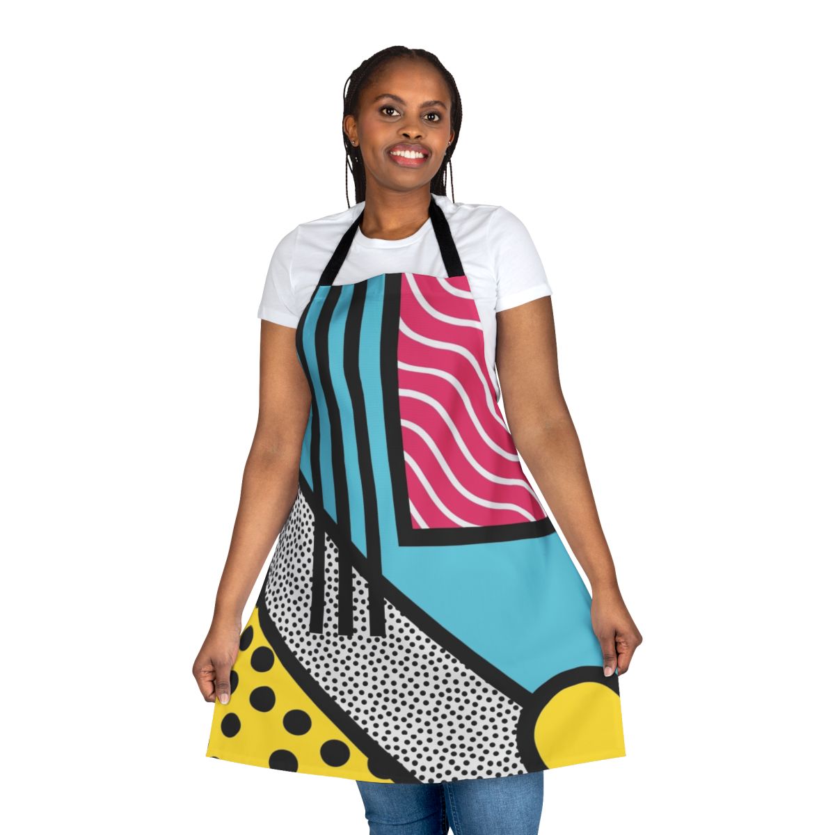 Apron featuring abstract, colorful Memphis-style pop art graphics in a retro 80s style.