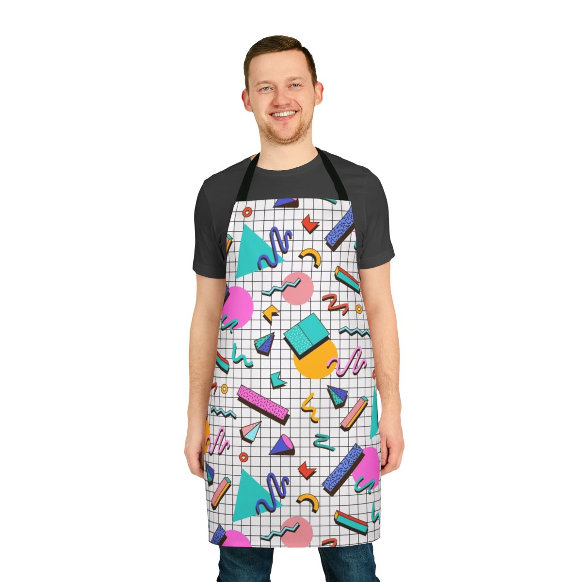Colorful 80s retro style apron featuring a bold, funky pattern design